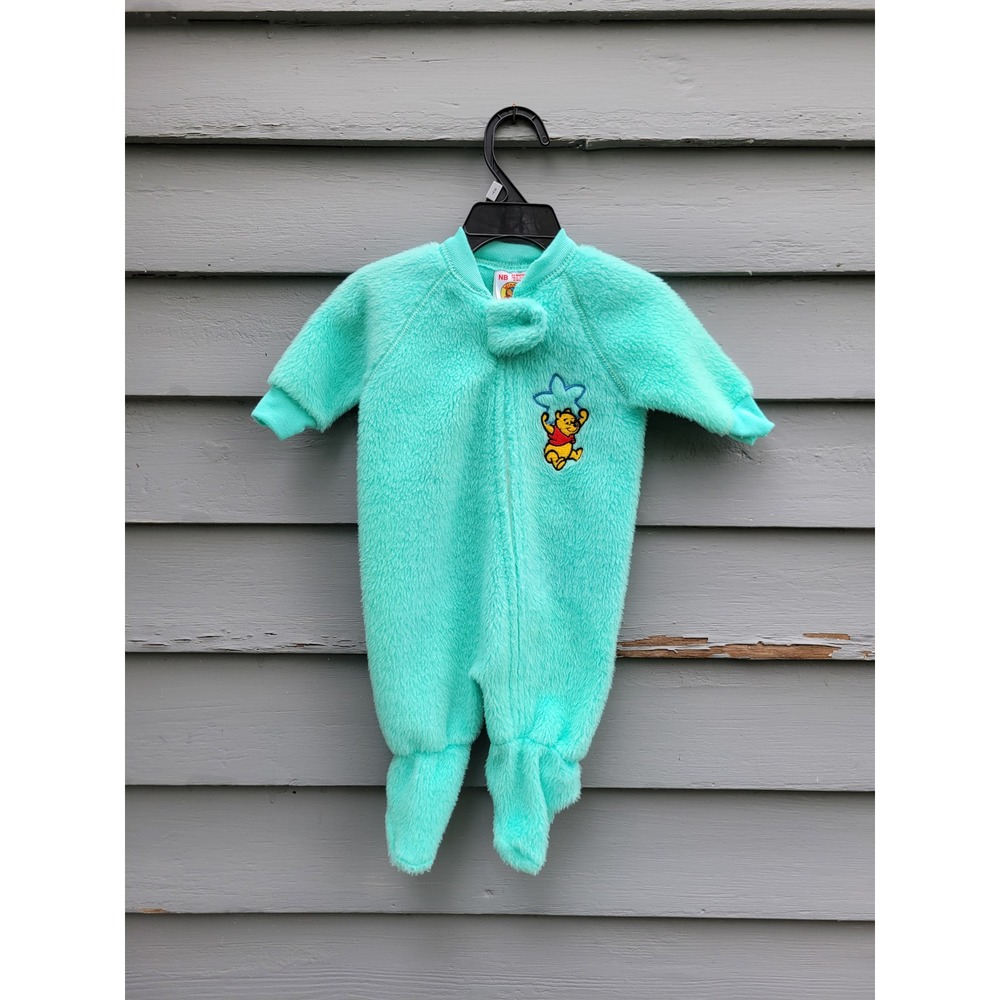 Disney Winnie the Pooh Footed Sleeper Teal Fleece Vintage 90s NB 0-6 Months